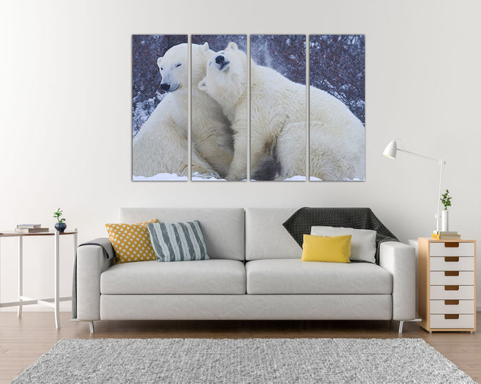 Animal print on canvas White bear hugging in the snow wall art
