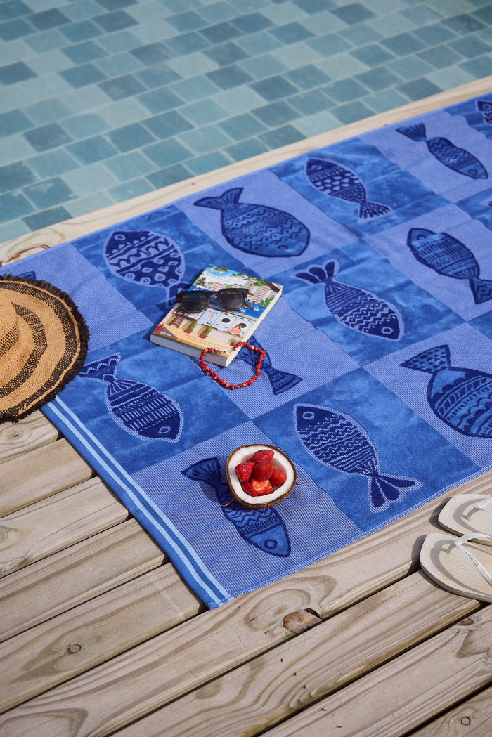 Checker Fish Blue Beach Towel