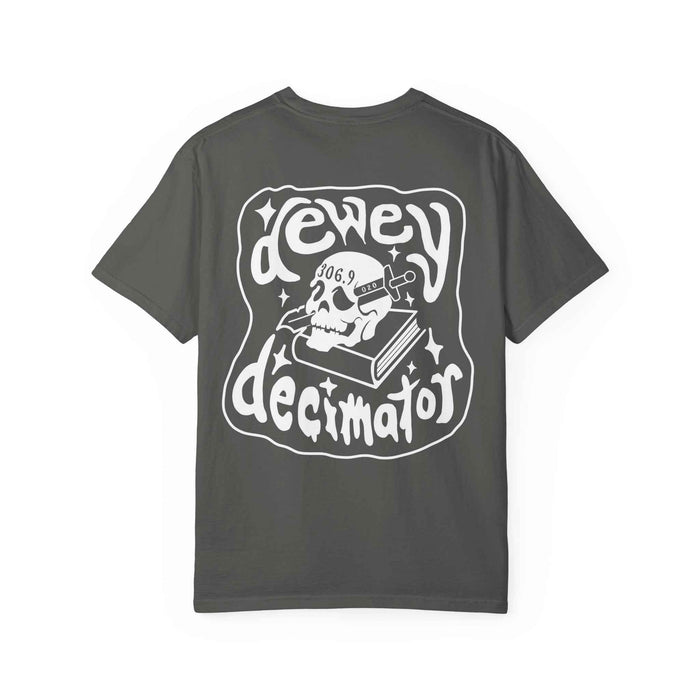 Dewey Decimator T-shirt -- Small Design front, large back