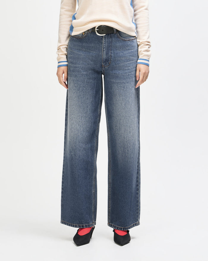 Drift Line Wide Jean - Mid Indigo, view 1|Model|Female