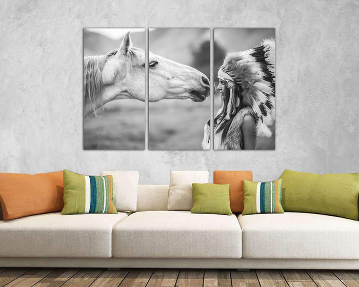 Indian girl with horse print on canvas Native American art work ready to hang