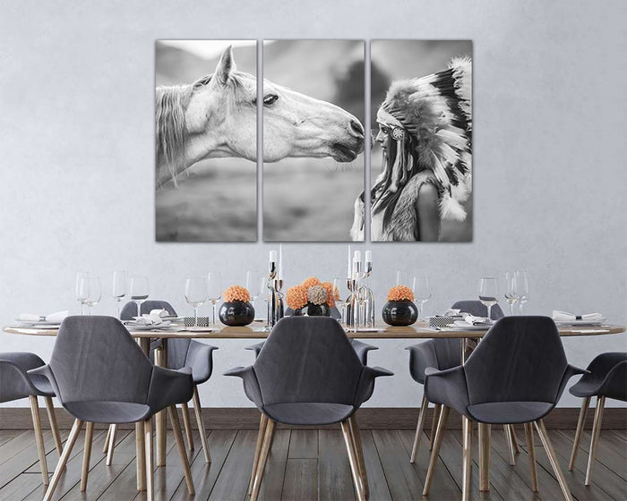 Indian girl with horse print on canvas Native American art work ready to hang