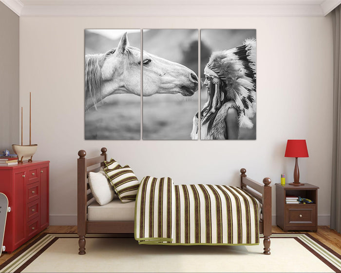 Indian girl with horse print on canvas Native American art work ready to hang