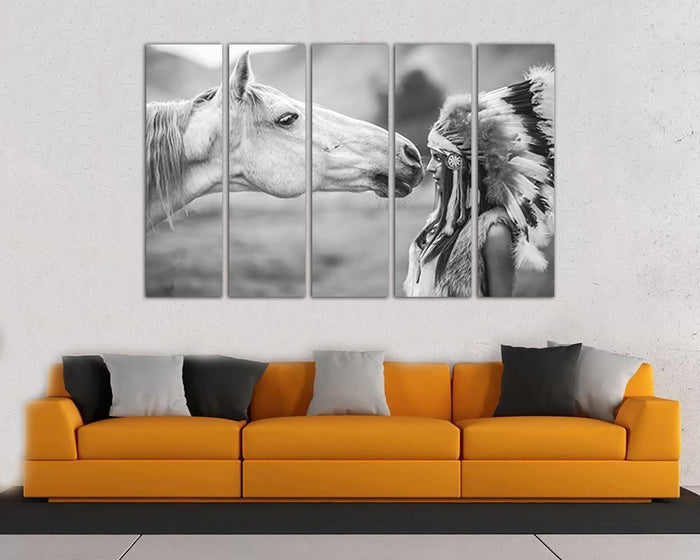 Indian girl with horse print on canvas Native American art work ready to hang
