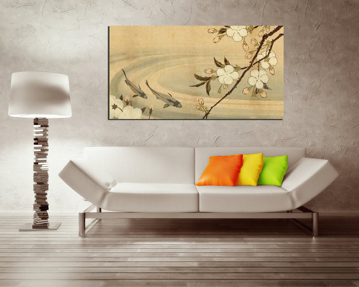 Japanese koi fish canvas prints Flower wall décor Cherry blossom art works