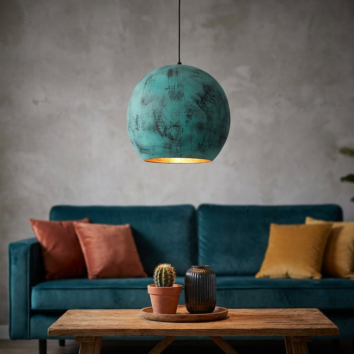 Lampa wisząca z oksydowaną patyną, ręcznie kuta w kolorze turkusowym, idealna do stylowego 1
