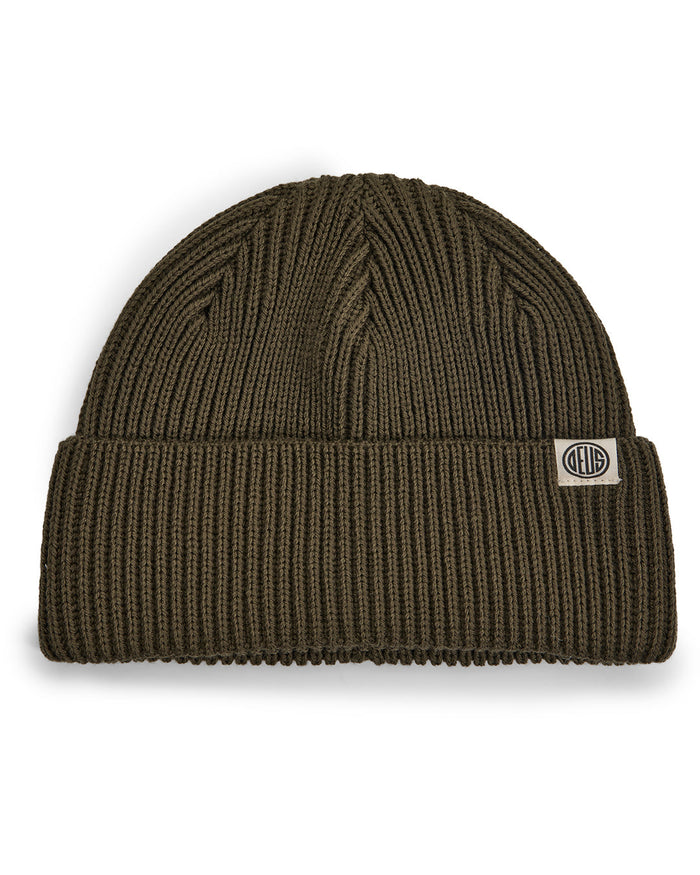 Pill Merino Beanie - Dark Olive, view 1|Model