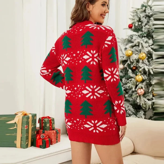 Sukienka damska sweterkowa z żakardowym wzorem choinki, dopasowany krój, długie rę 3