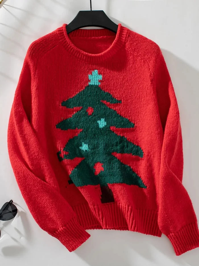 Sweter damski akrylowy z okrągłym dekoltem, wzór choinki, regularny krój, idealny 0